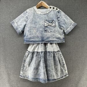 Vintage 90s Disorderly Kids Denim Dress Girls 7 Acid Wash Faux 2pc Shoulder Pads